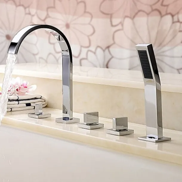 Bathtub Faucet Deck Mounted, Bathroom Faucet Bath Roman Tub Filler Mixer Tap Brass with Handheld, 5 Hole 3 Handle Sprayer with Cold Hot Water Hose