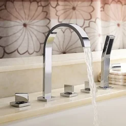 Bathtub Faucet Deck Mounted, Bathroom Faucet Bath Roman Tub Filler Mixer Tap Brass with Handheld, 5 Hole 3 Handle Sprayer with Cold Hot Water Hose