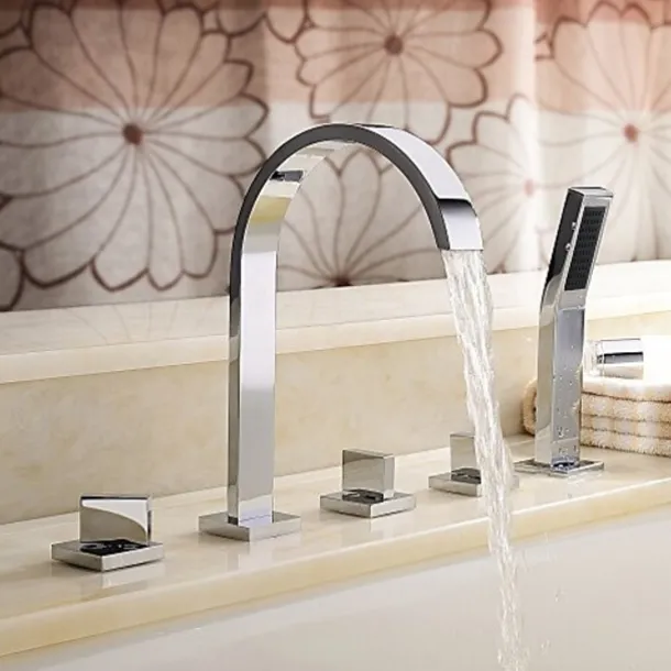 Bathtub Faucet Deck Mounted, Bathroom Faucet Bath Roman Tub Filler Mixer Tap Brass with Handheld, 5 Hole 3 Handle Sprayer with Cold Hot Water Hose