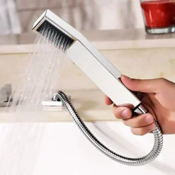 Bathtub Faucet Deck Mounted, Bathroom Faucet Bath Roman Tub Filler Mixer Tap Brass with Handheld, 5 Hole 3 Handle Sprayer with Cold Hot Water Hose