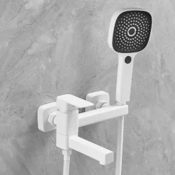 Bathtub Faucet Dual Spout Wall Mounted White, Bath Tub Filler Mixer Brass Tap with Heldhand Showerhand, Ceramic Valve Single Handle Control