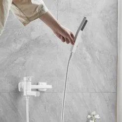 Bathtub Faucet Dual Spout Wall Mounted White, Bath Tub Filler Mixer Brass Tap with Heldhand Showerhand, Ceramic Valve Single Handle Control