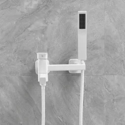 Bathtub Faucet Dual Spout Wall Mounted White, Bath Tub Filler Mixer Brass Tap with Heldhand Showerhand, Ceramic Valve Single Handle Control