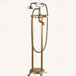 Bathtub Faucet Floor Mounted, Brass Retro Style Telephone Shape Brass Electroplated Finish Two Handles Two Holes Shower Faucet with Handshower and Drain