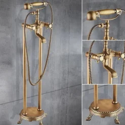 Bathtub Faucet Floor Mounted, Brass Retro Style Telephone Shape Brass Electroplated Finish Two Handles Two Holes Shower Faucet with Handshower and Drain