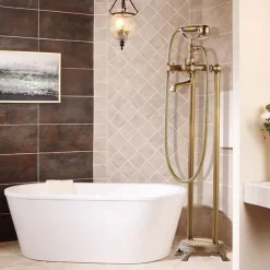 Bathtub Faucet Floor Mounted, Brass Retro Style Telephone Shape Brass Electroplated Finish Two Handles Two Holes Shower Faucet with Handshower and Drain