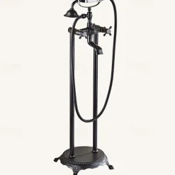 Bathtub Faucet Floor Mounted, Brass Retro Style Telephone Shape Brass Electroplated Finish Two Handles Two Holes Shower Faucet with Handshower and Drain