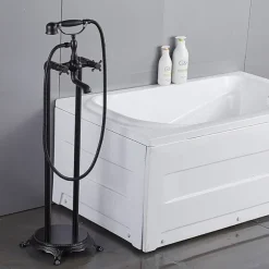 Bathtub Faucet Floor Mounted, Brass Retro Style Telephone Shape Brass Electroplated Finish Two Handles Two Holes Shower Faucet with Handshower and Drain