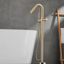 Bathtub Faucet Floor Mount Freestanding Tub Filler Brass High Flow Shower Faucets with Handheld Shower Mixer Taps Swivel Spout
