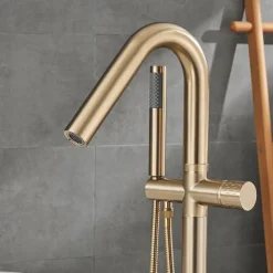 Bathtub Faucet Floor Mount Freestanding Tub Filler Brass High Flow Shower Faucets with Handheld Shower Mixer Taps Swivel Spout