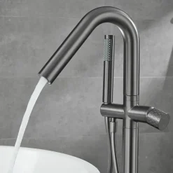 Bathtub Faucet Floor Mount Freestanding Tub Filler Brass High Flow Shower Faucets with Handheld Shower Mixer Taps Swivel Spout