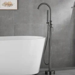 Bathtub Faucet Floor Mount Freestanding Tub Filler Brass High Flow Shower Faucets with Handheld Shower Mixer Taps Swivel Spout(Gun Grey)