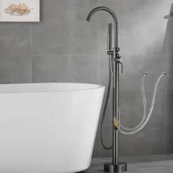 Bathtub Faucet Floor Mount Freestanding Tub Filler Brass High Flow Shower Faucets with Handheld Shower Mixer Taps Swivel Spout(Gun Grey)