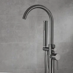 Bathtub Faucet Floor Mount Freestanding Tub Filler Brass High Flow Shower Faucets with Handheld Shower Mixer Taps Swivel Spout(Gun Grey)