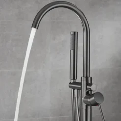 Bathtub Faucet Floor Mount Freestanding Tub Filler Brass High Flow Shower Faucets with Handheld Shower Mixer Taps Swivel Spout(Gun Grey)