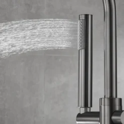 Bathtub Faucet Floor Mount Freestanding Tub Filler Brass High Flow Shower Faucets with Handheld Shower Mixer Taps Swivel Spout(Gun Grey)