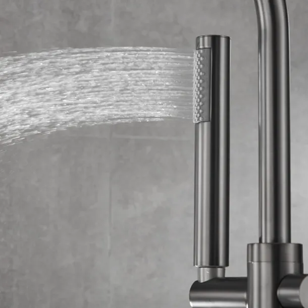 Bathtub Faucet Floor Mount Freestanding Tub Filler Brass High Flow Shower Faucets with Handheld Shower Mixer Taps Swivel Spout(Gun Grey)