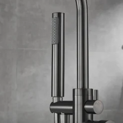 Bathtub Faucet Floor Mount Freestanding Tub Filler Brass High Flow Shower Faucets with Handheld Shower Mixer Taps Swivel Spout(Gun Grey)