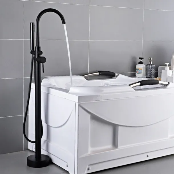 Bathtub Faucet Floor Mount Freestanding Bath Tub Filler Mixer Taps Brass, 360 Swivel High Arc Spout Standing Shower Clawfoot Tub with Handheld Shower Mixer Taps