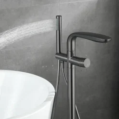 Bathtub Faucet Floor Mount Freestanding Tub Filler Brass High Flow Shower Faucets with Handheld Shower Mixer Taps Swivel Spout(Gun Grey/Brushed Golden)
