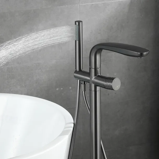 Bathtub Faucet Floor Mount Freestanding Tub Filler Brass High Flow Shower Faucets with Handheld Shower Mixer Taps Swivel Spout(Gun Grey/Brushed Golden)