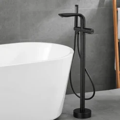 Bathtub Faucet Floor Mount Freestanding Tub Filler Brass High Flow Shower Faucets with Handheld Shower Mixer Taps Swivel Spout(Gun Grey/Brushed Golden)