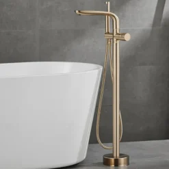 Bathtub Faucet Floor Mount Freestanding Tub Filler Brass High Flow Shower Faucets with Handheld Shower Mixer Taps Swivel Spout(Gun Grey/Brushed Golden)