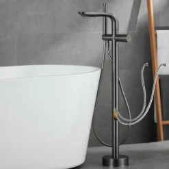 Bathtub Faucet Floor Mount Freestanding Tub Filler Brass High Flow Shower Faucets with Handheld Shower Mixer Taps Swivel Spout(Gun Grey/Brushed Golden)