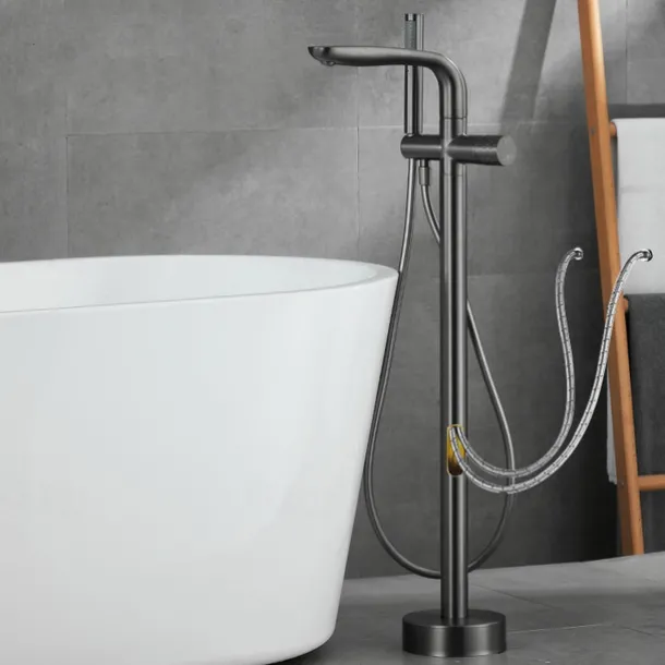 Bathtub Faucet Floor Mount Freestanding Tub Filler Brass High Flow Shower Faucets with Handheld Shower Mixer Taps Swivel Spout(Gun Grey/Brushed Golden)