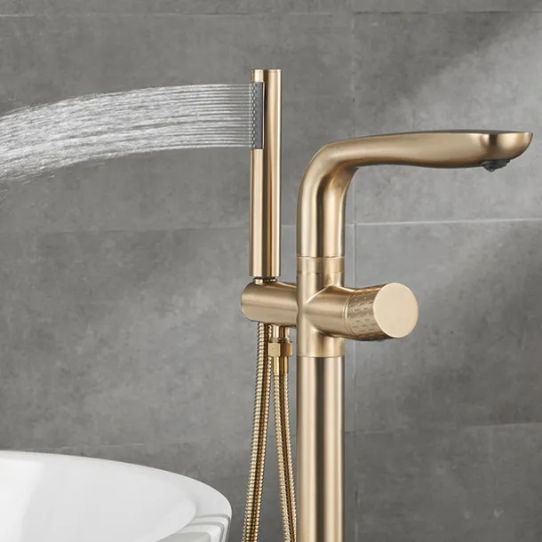 Bathtub Faucet Floor Mount Freestanding Tub Filler Brass High Flow Shower Faucets with Handheld Shower Mixer Taps Swivel Spout(Gun Grey/Brushed Golden)