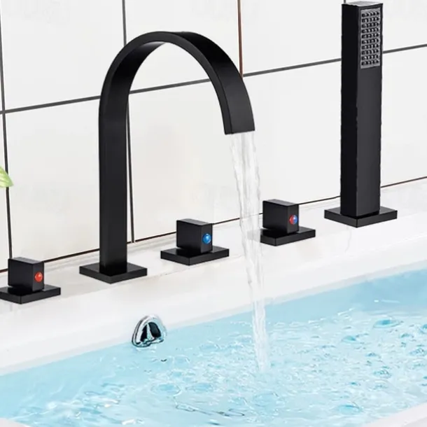 Bathtub Faucet Multi-hole Deck Mounted with Heldhand Showerhand, Bath Tub Filler Mixer Brass Taps 5 Hole 3 Handle Chrome