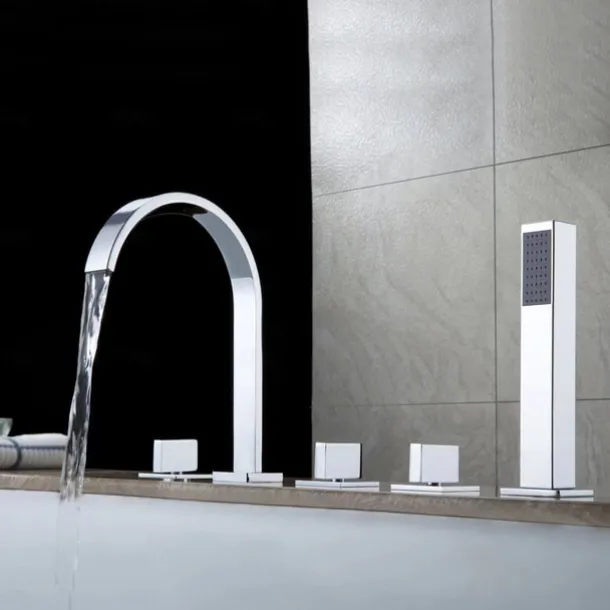 Bathtub Faucet Multi-hole Deck Mounted with Heldhand Showerhand, Bath Tub Filler Mixer Brass Taps 5 Hole 3 Handle Chrome