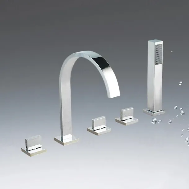 Bathtub Faucet Multi-hole Deck Mounted with Heldhand Showerhand, Bath Tub Filler Mixer Brass Taps 5 Hole 3 Handle Chrome