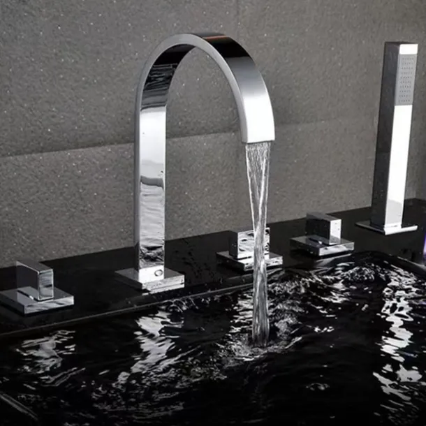 Bathtub Faucet Multi-hole Deck Mounted with Heldhand Showerhand, Bath Tub Filler Mixer Brass Taps 5 Hole 3 Handle Chrome