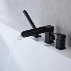 Bathtub Faucet Waterfall Long Spout Bath Tub Filler Mixer Taps Golden with Heldhand Shower 60 inch Hose, 3 Hole 2 Handle Deck Mounted Widespread Bathroom