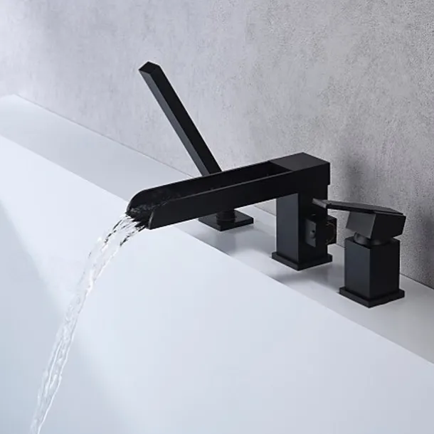 Bathtub Faucet Waterfall Long Spout Bath Tub Filler Mixer Taps Golden with Heldhand Shower 60 inch Hose, 3 Hole 2 Handle Deck Mounted Widespread Bathroom