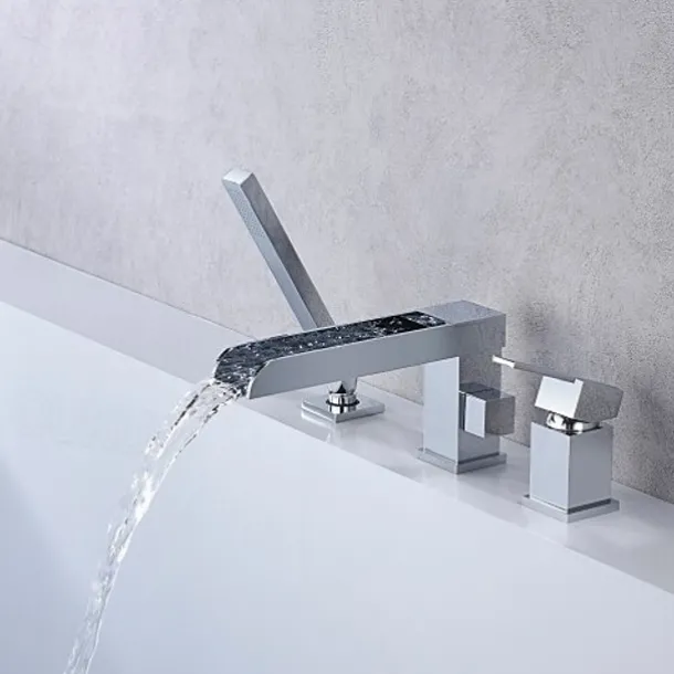 Bathtub Faucet Waterfall Long Spout Bath Tub Filler Mixer Taps Golden with Heldhand Shower 60 inch Hose, 3 Hole 2 Handle Deck Mounted Widespread Bathroom