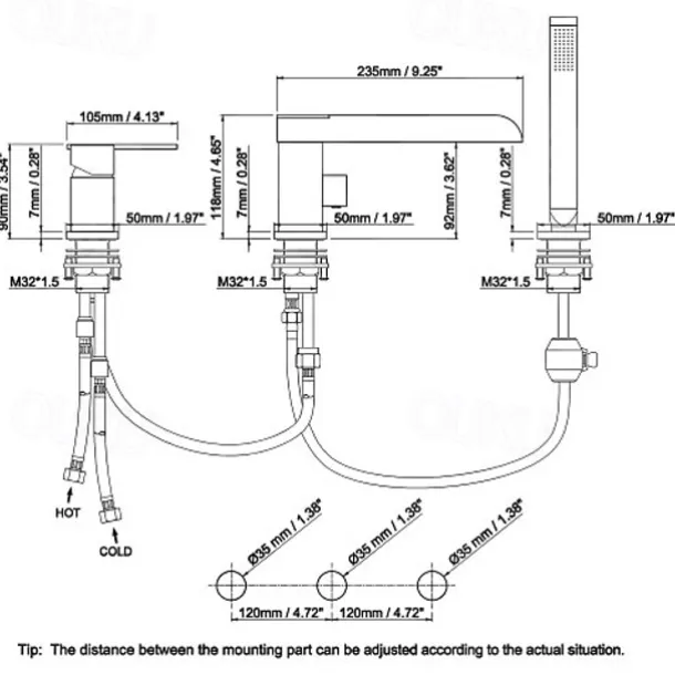 Bathtub Faucet Waterfall Long Spout Bath Tub Filler Mixer Taps Golden with Heldhand Shower 60 inch Hose, 3 Hole 2 Handle Deck Mounted Widespread Bathroom