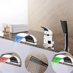 Bathtub Faucet Waterfall Spout LED 3 Color Water Flow with Heldhand Shower, Widespread Bath Roman Tub Filler Mixer Tap Bathroom 3 Hole Deck Mounted