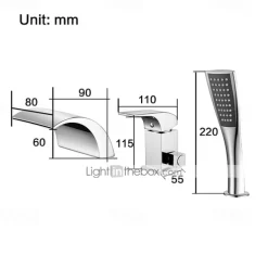 Bathtub Faucet Waterfall Spout LED 3 Color Water Flow with Heldhand Shower, Widespread Bath Roman Tub Filler Mixer Tap Bathroom 3 Hole Deck Mounted