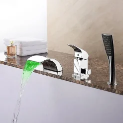 Bathtub Faucet Waterfall Spout LED 3 Color Water Flow with Heldhand Shower, Widespread Bath Roman Tub Filler Mixer Tap Bathroom 3 Hole Deck Mounted