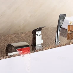 Bathtub Faucet Waterfall Spout LED 3 Color Water Flow with Heldhand Shower, Widespread Bath Roman Tub Filler Mixer Tap Bathroom 3 Hole Deck Mounted