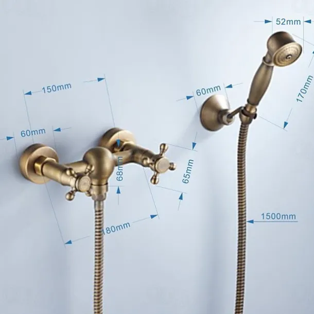 Bathtub Faucet with Handheld Shower,Wall Mounted Antique Brass Bath Tap Retro Style Hot and Cold Water Bath Tap Shower Fitting for Bathroom Shower