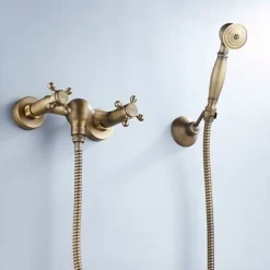 Bathtub Faucet with Handheld Shower,Wall Mounted Antique Brass Bath Tap Retro Style Hot and Cold Water Bath Tap Shower Fitting for Bathroom Shower