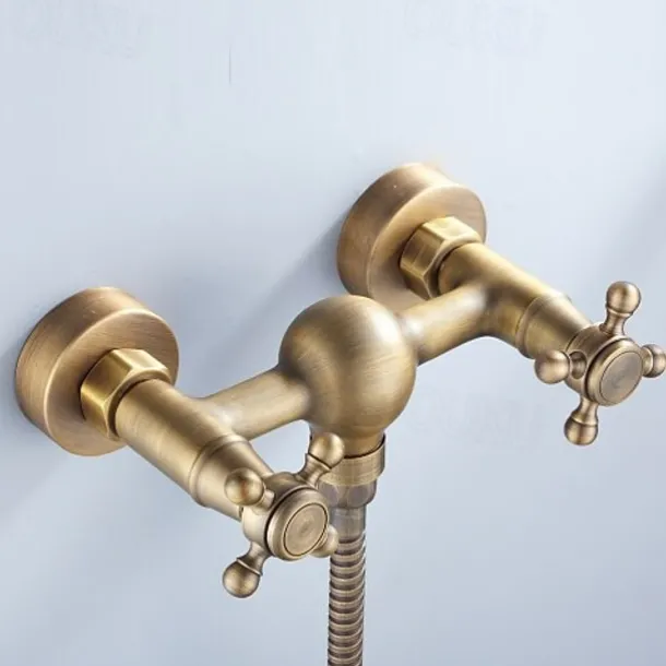 Bathtub Faucet with Handheld Shower,Wall Mounted Antique Brass Bath Tap Retro Style Hot and Cold Water Bath Tap Shower Fitting for Bathroom Shower