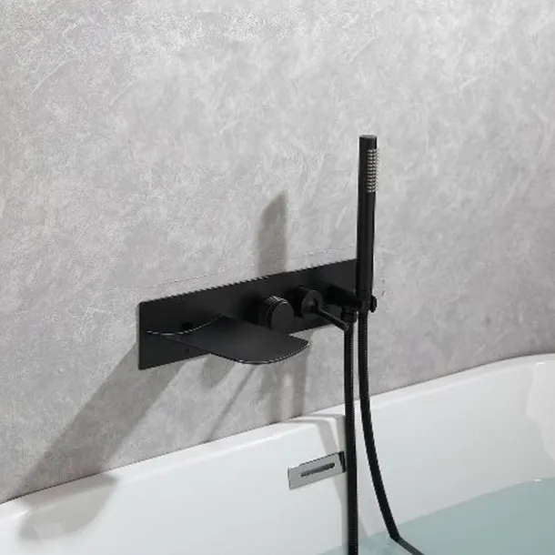 Bathtub Faucet,Brass Brushed Gold/Black Wall Installation Waterfall Included Handshower of Spray Type Bath Shower Mixer Taps with Hot and Cold Water