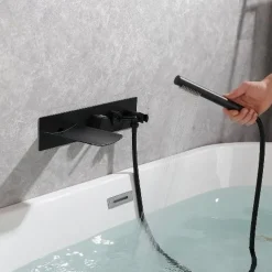 Bathtub Faucet,Brass Brushed Gold/Black Wall Installation Waterfall Included Handshower of Spray Type Bath Shower Mixer Taps with Hot and Cold Water