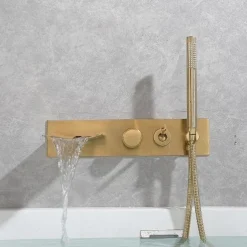 Bathtub Faucet,Brass Brushed Gold/Black Wall Installation Waterfall Included Handshower of Spray Type Bath Shower Mixer Taps with Hot and Cold Water