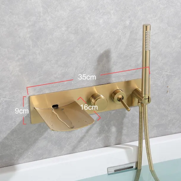 Bathtub Faucet,Brass Brushed Gold/Black Wall Installation Waterfall Included Handshower of Spray Type Bath Shower Mixer Taps with Hot and Cold Water