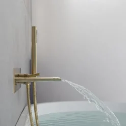 Bathtub Faucet,Brass Brushed Gold/Black Wall Installation Waterfall Included Handshower of Spray Type Bath Shower Mixer Taps with Hot and Cold Water